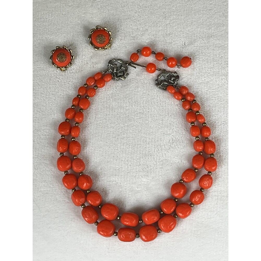 Vintage Molded Plastic Double Strand Beaded Necklace Clip on Earrings Set Orange